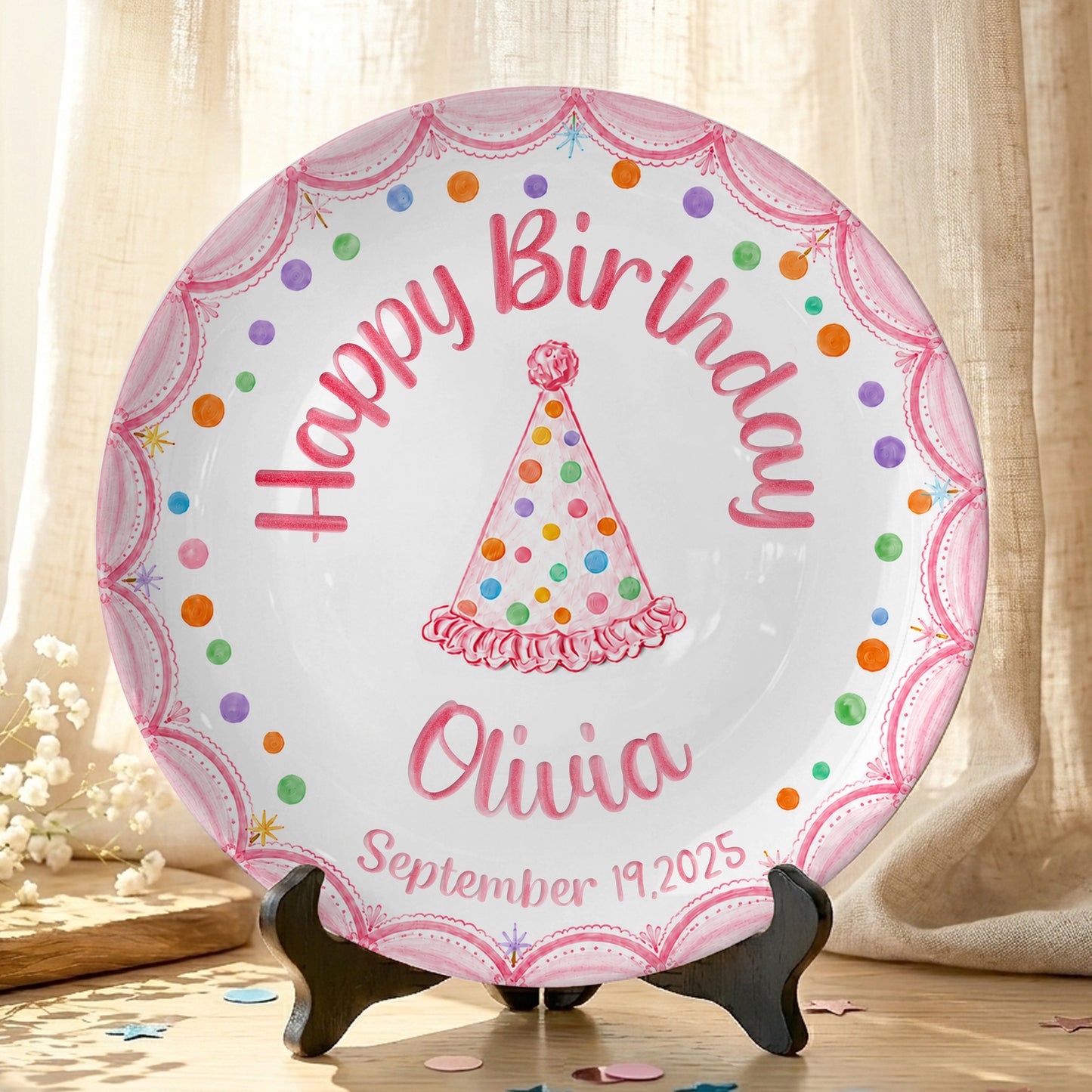 Pink Scallop Border with Colorful Polka Dot & Party Hat Personalized Birthday Plate P5653B0