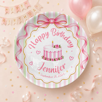 Pink Bow Personalized Birthday Plate for Girls, Custom Birthday Keepsake Gift P730PBN0