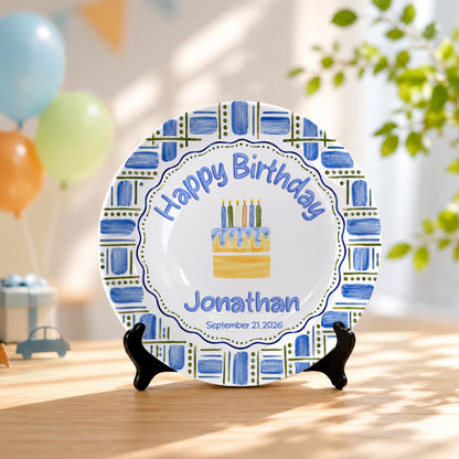 Blue Plaid Personalized Birthday Plate for Boys, Custom Birthday Keepsake Gift P730VM90