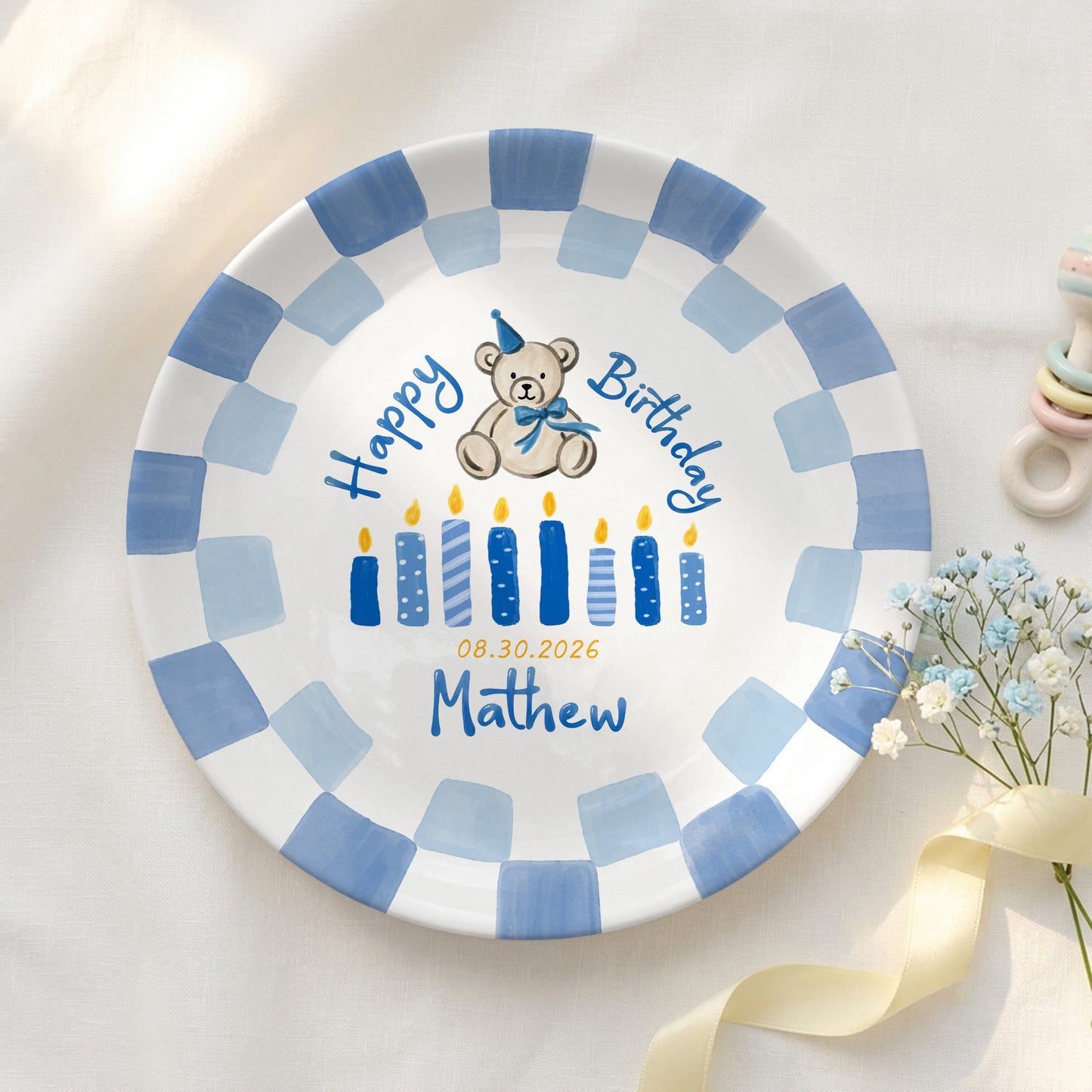 Blue Teddy Bear Birthday Cake Keepsake Personalized Birthday Plate For Kids Gift P713IUP0