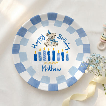 Blue Teddy Bear Birthday Cake Keepsake Personalized Birthday Plate For Kids Gift P713IUP0