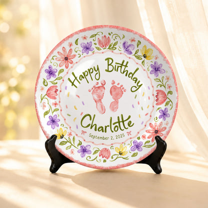 Floral Baby Footprint Personalized Birthday Plate for Girl, First Birthday Keepsake P727CV20