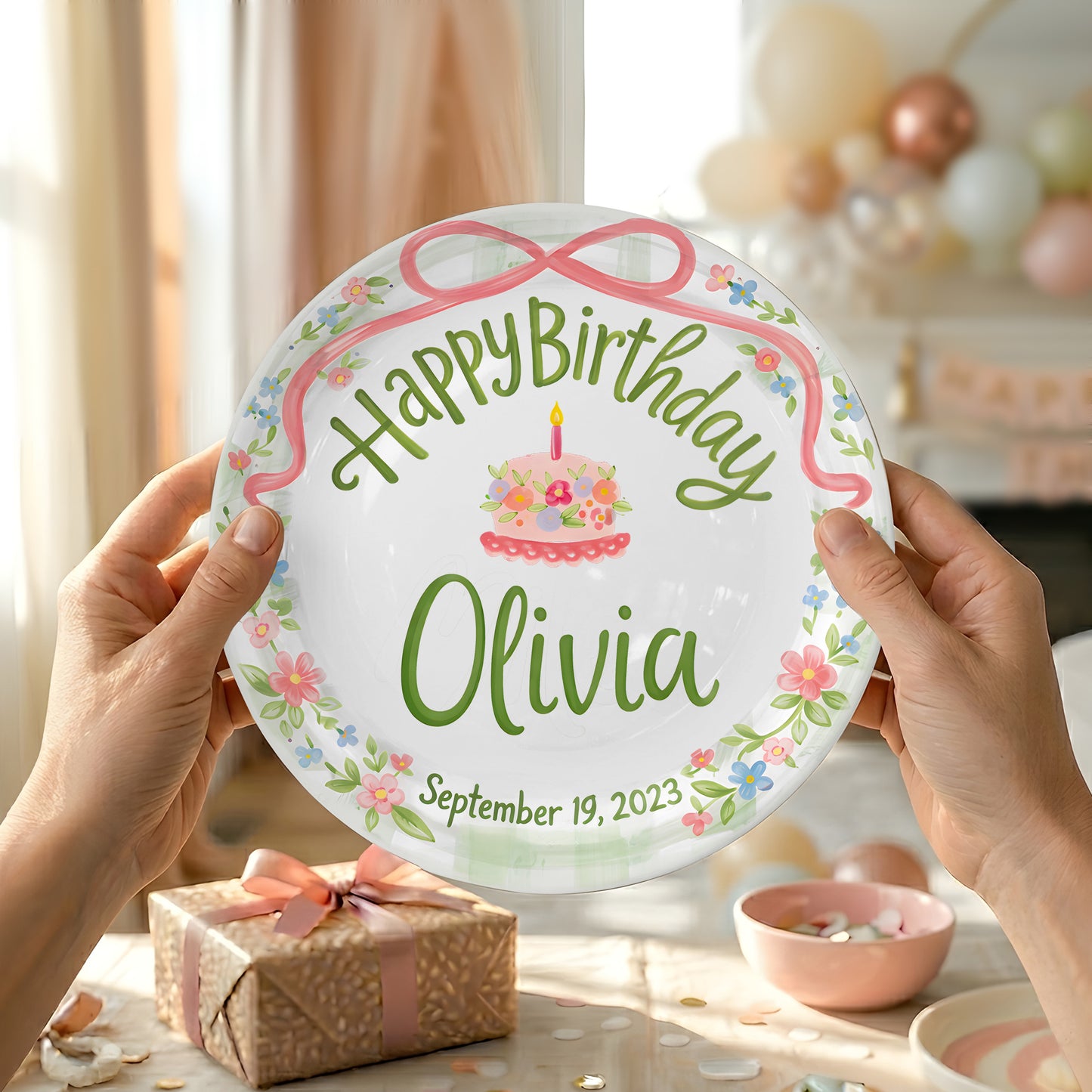 Pink Bow with Green Floral Border and Birthday Cake Personalized Birthday Plate P4156TV0