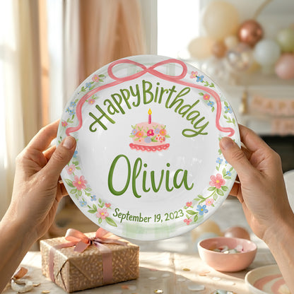 Pink Bow with Green Floral Border and Birthday Cake Personalized Birthday Plate P4156TV0