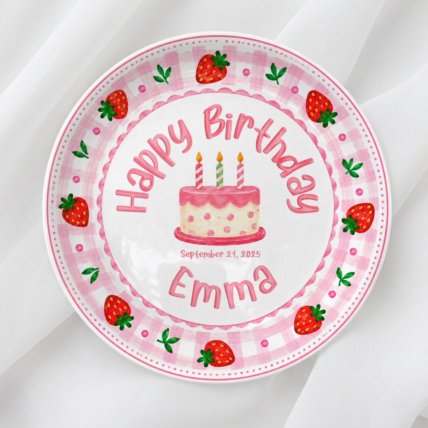 Strawberry Cake Personalized Birthday Plate for Girls, First Birthday Keepsake Gift P730H150