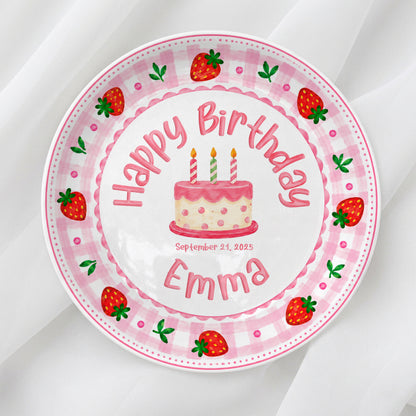 Strawberry Cake Personalized Birthday Plate for Girls, First Birthday Keepsake Gift P730H150