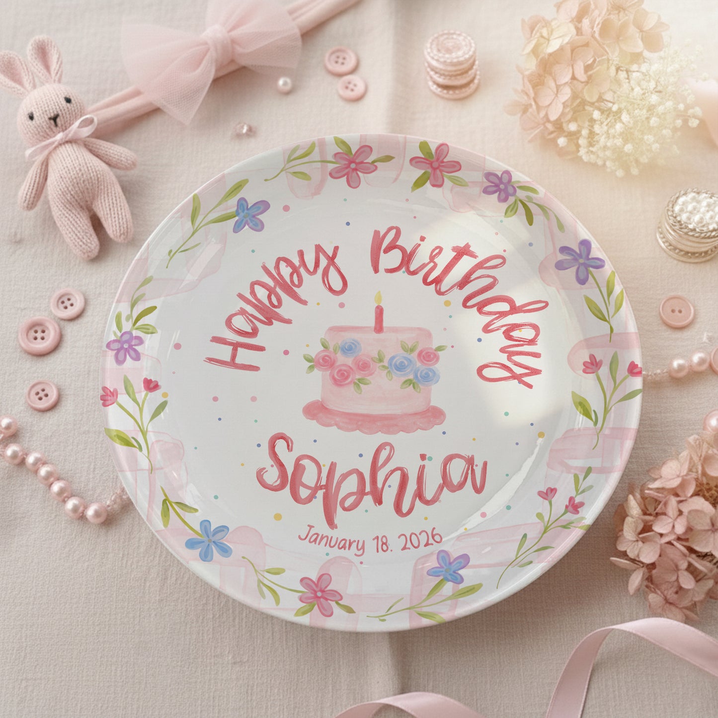 Floral Cake with Blush Border Personalized Birthday Plate P29SK70