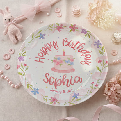Floral Cake with Blush Border Personalized Birthday Plate P29SK70