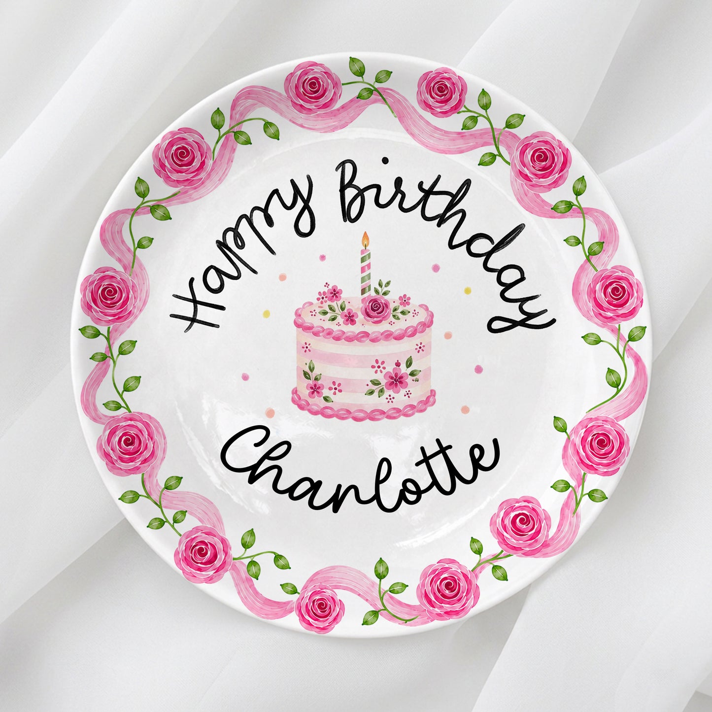 Pink Rose Cake Personalized Birthday Plate P729XQR0