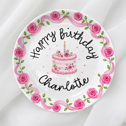 Pink Rose Cake Personalized Birthday Plate P729XQR0
