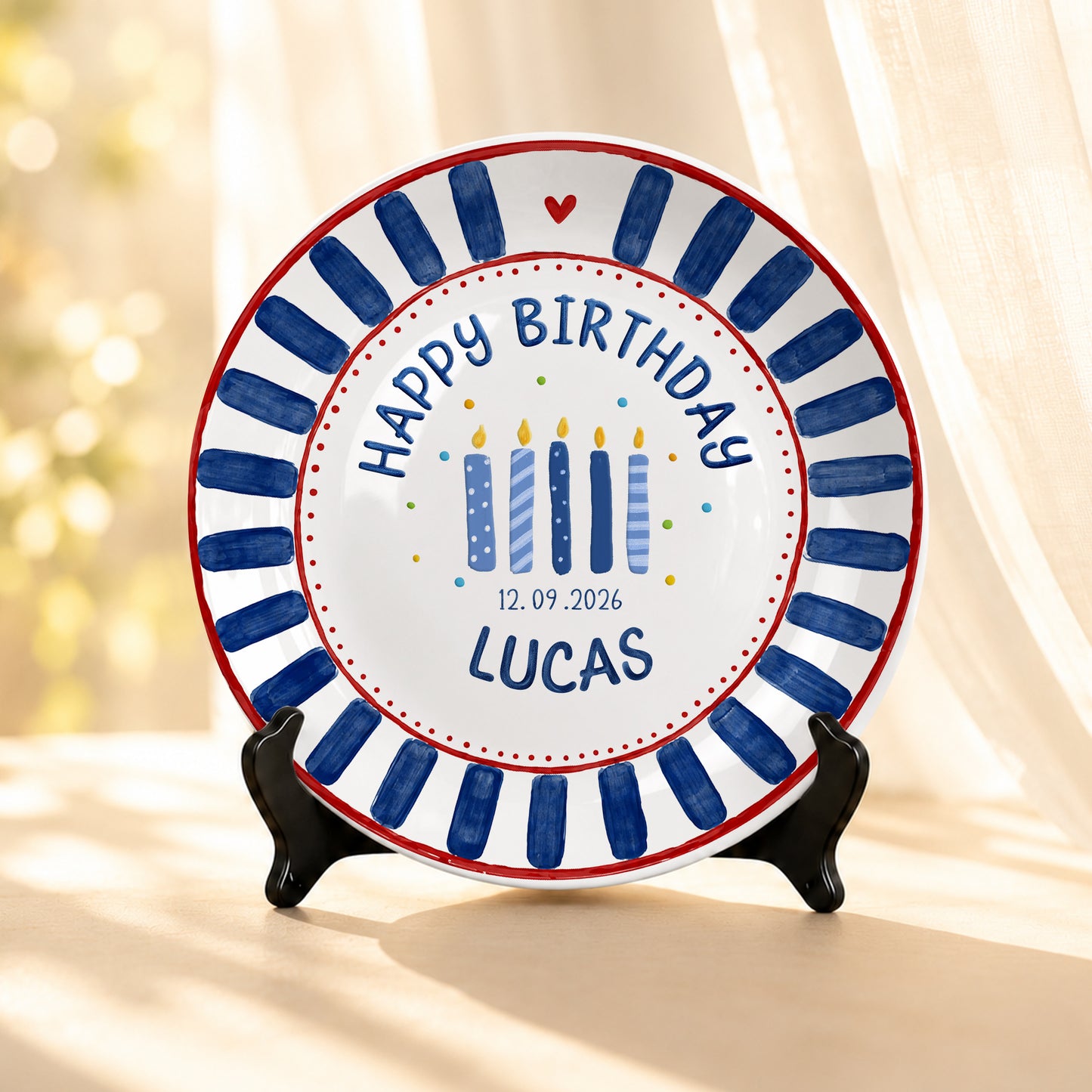Blue Striped Birthday Candles Personalized Birthday Plate P626KF7TT