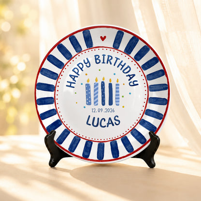 Blue Striped Birthday Candles Personalized Birthday Plate P626KF7TT
