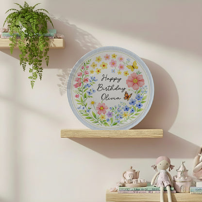 Blue Stripe Wildflower Personalized Birthday Plate P226BYE0