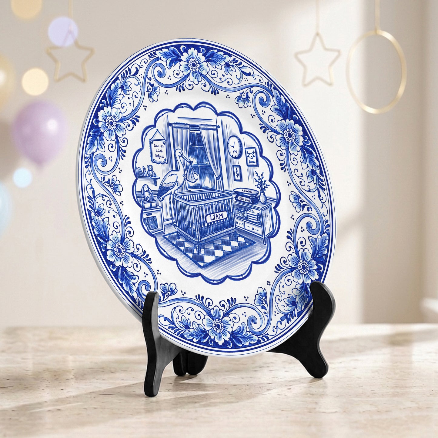 Delft Blue Newborn Birth Stats Custom Ceramic Keepsake Personalized Birthday Plate P820H8A0