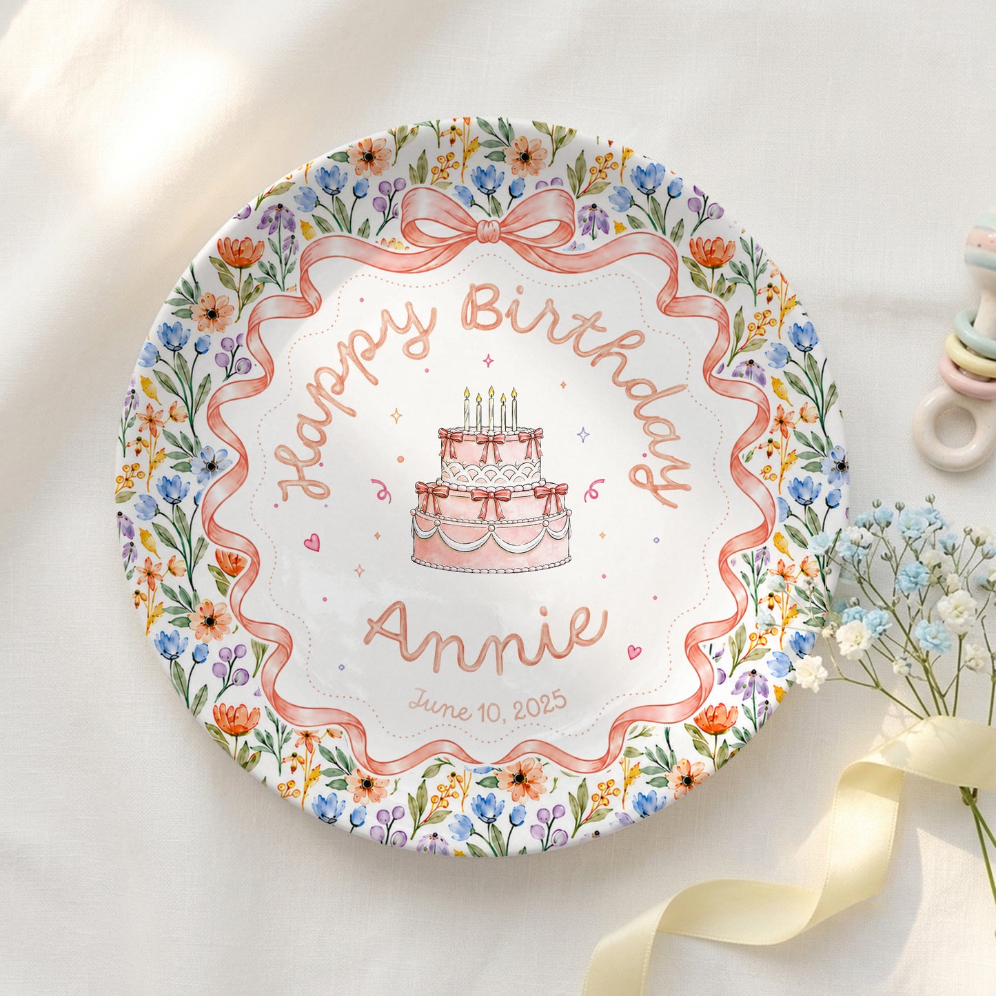 Floral Bow Birthday Cake Personalized Birthday Plate for Kids Keepsake P86TSJ0