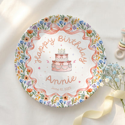 Floral Bow Birthday Cake Personalized Birthday Plate for Kids Keepsake P86TSJ0