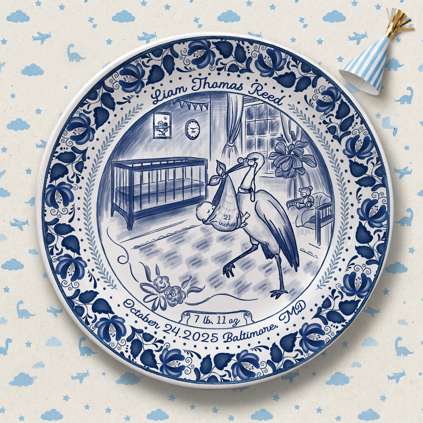 Blue Stork Nursery Personalized Birthday Plate P518MIY0