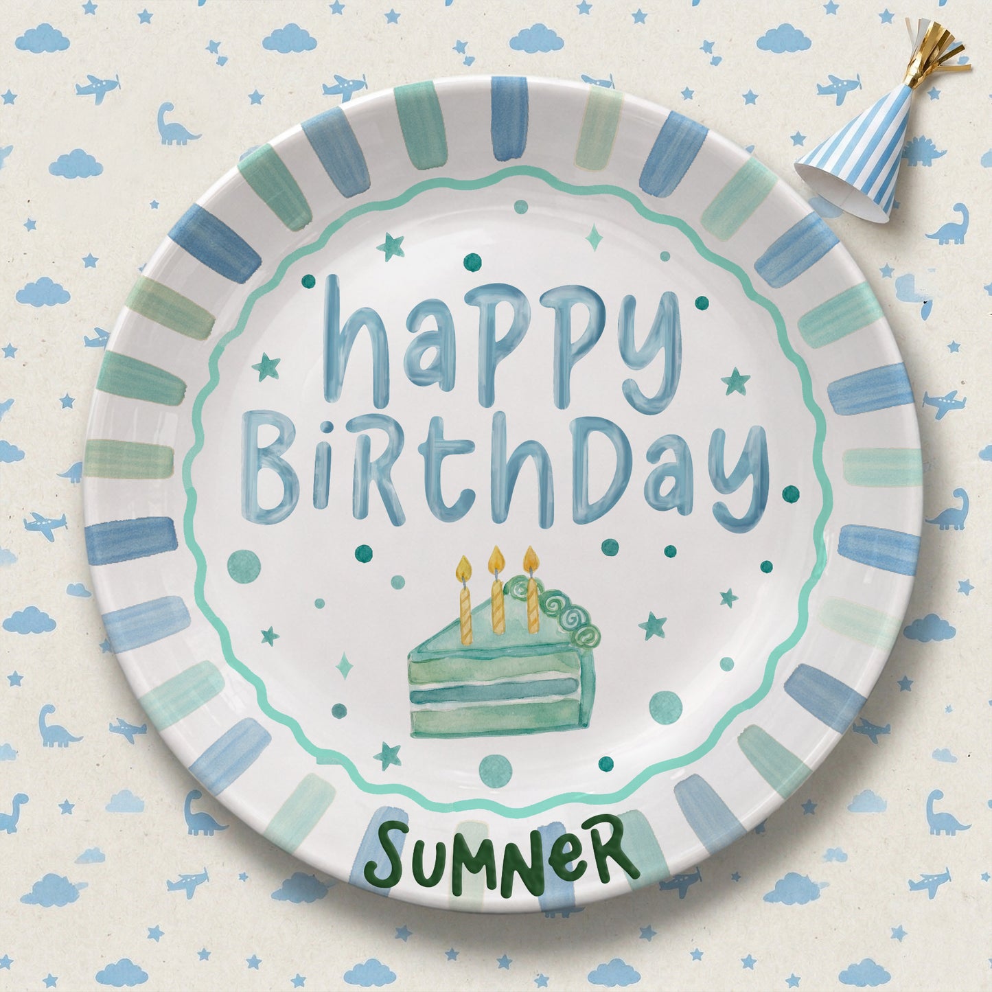 Blue and Mint Striped Border with Teal Cake Slice Personalized Birthday Plate D43D5V0