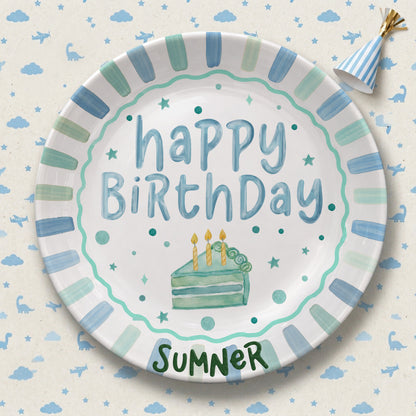 Blue and Mint Striped Border with Teal Cake Slice Personalized Birthday Plate D43D5V0