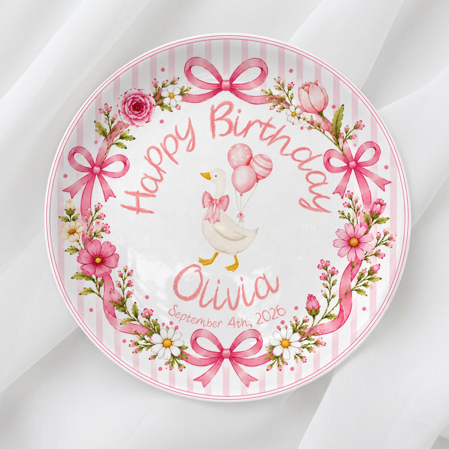 Pink Gingham Goose Keepsake Personalized Birthday Plate P718Q670