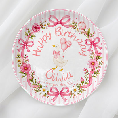 Pink Gingham Goose Keepsake Personalized Birthday Plate P718Q670