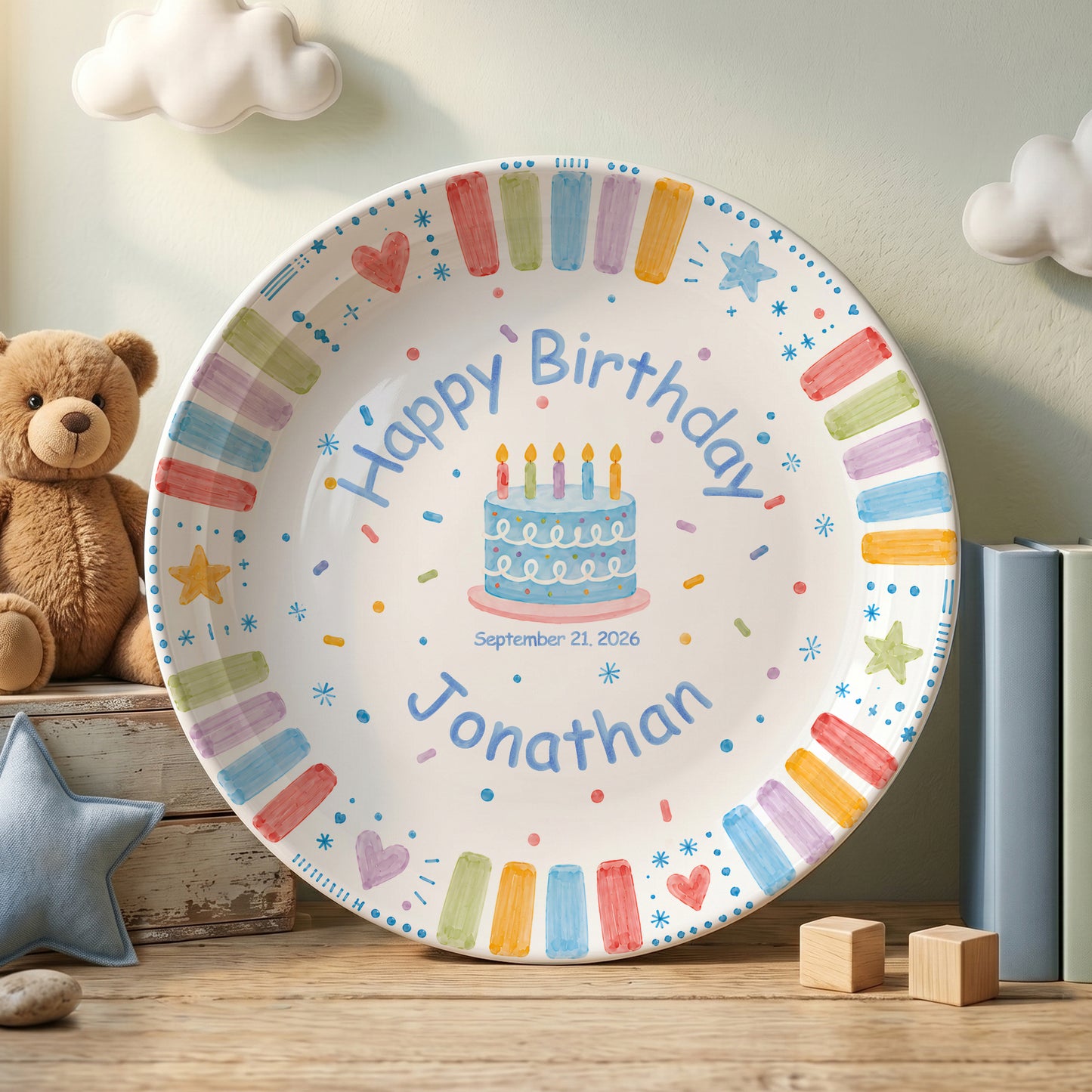 Blue Cake and Colorful Border Cake Personalized Birthday Plate P611K5R0