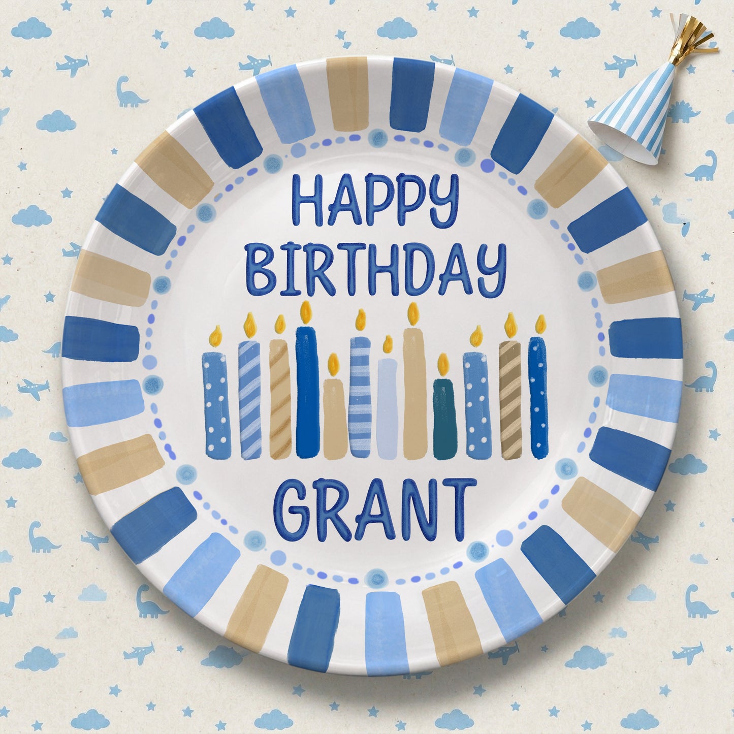 Blue and Tan Striped Border with Birthday Candles Personalized Birthday Plate D49EZG0