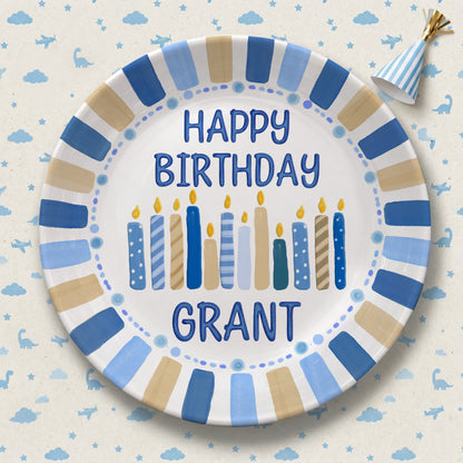 Blue and Tan Striped Border with Birthday Candles Personalized Birthday Plate D49EZG0