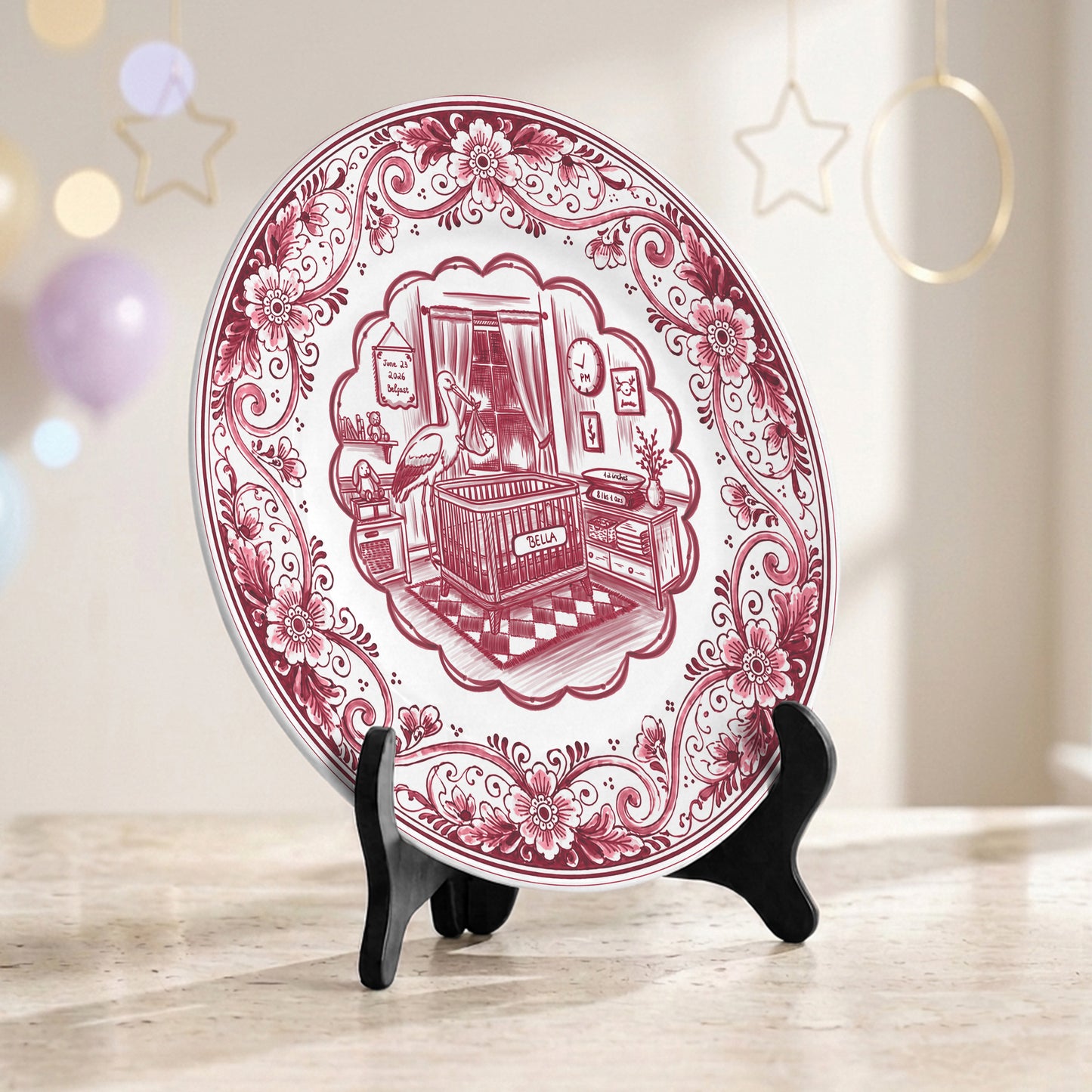 Pink Delft Newborn Birth Announcement Custom Ceramic Personalized Birthday Plate P820NIX0