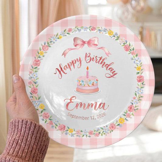 Pink Gingham Border with Floral Wreath Bow Personalized Birthday Plate P4151HJ0