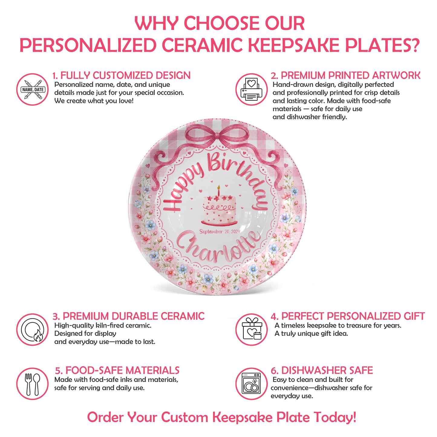 Pink Gingham Floral Bow Cake Personalized Birthday Plate for Girls P520UDC0