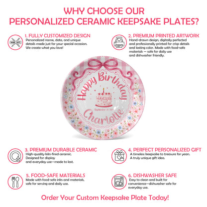 Pink Gingham Floral Bow Cake Personalized Birthday Plate for Girls P520UDC0