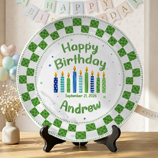 Green Checker Birthday Candles Keepsake Personalized Birthday Plate D78C8H0