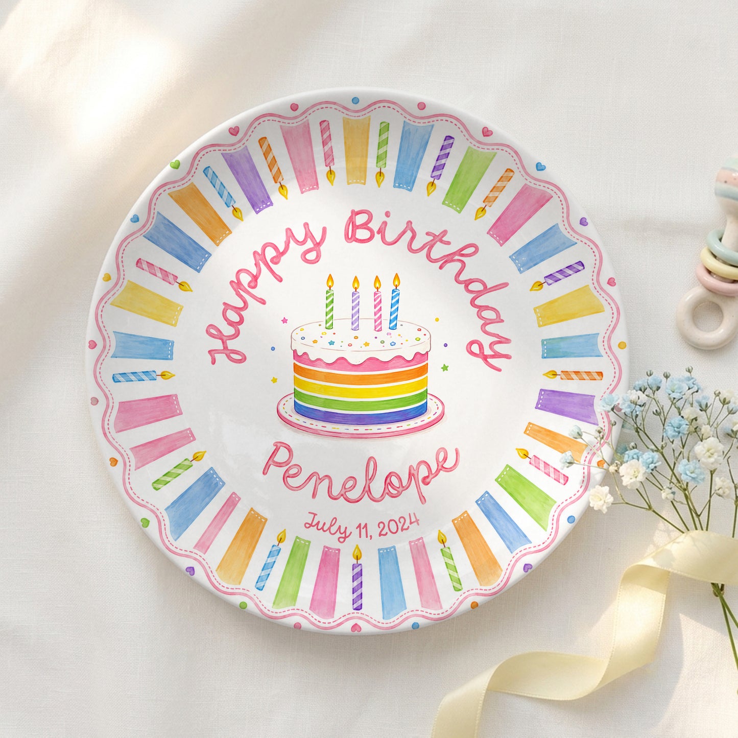 Colorful Rainbow Cake Personalized Birthday Plate for Kids Celebration Gift P811XQT0