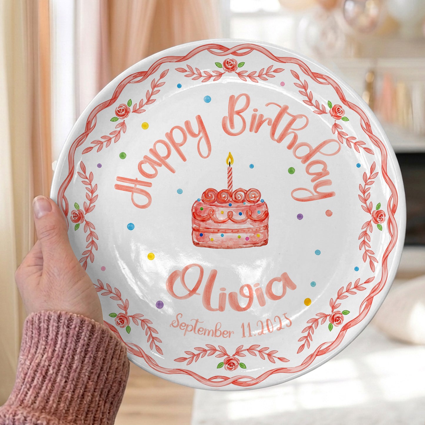 Coral Rose Cake Personalized Birthday Plate P417BXK0
