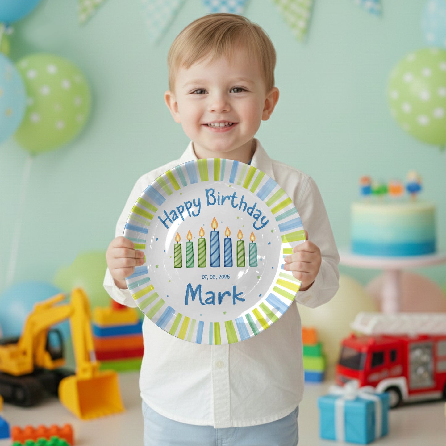 Blue Green Stripe Candle Personalized Birthday Plate for Kids D321PXW0