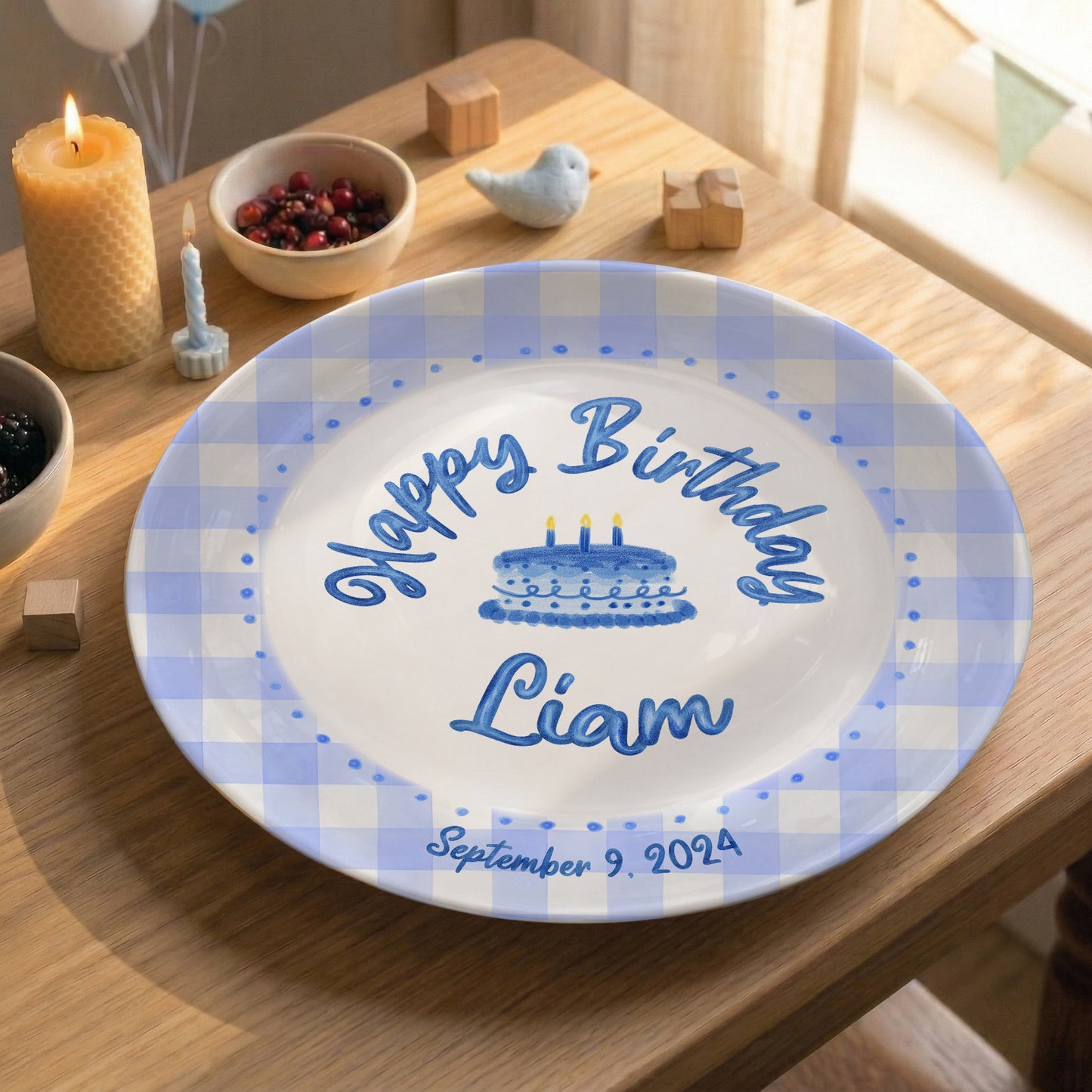 Blue Gingham Border with Blue Birthday Cake Personalized Birthday Plate P415SDU0