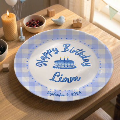 Blue Gingham Border with Blue Birthday Cake Personalized Birthday Plate P415SDU0