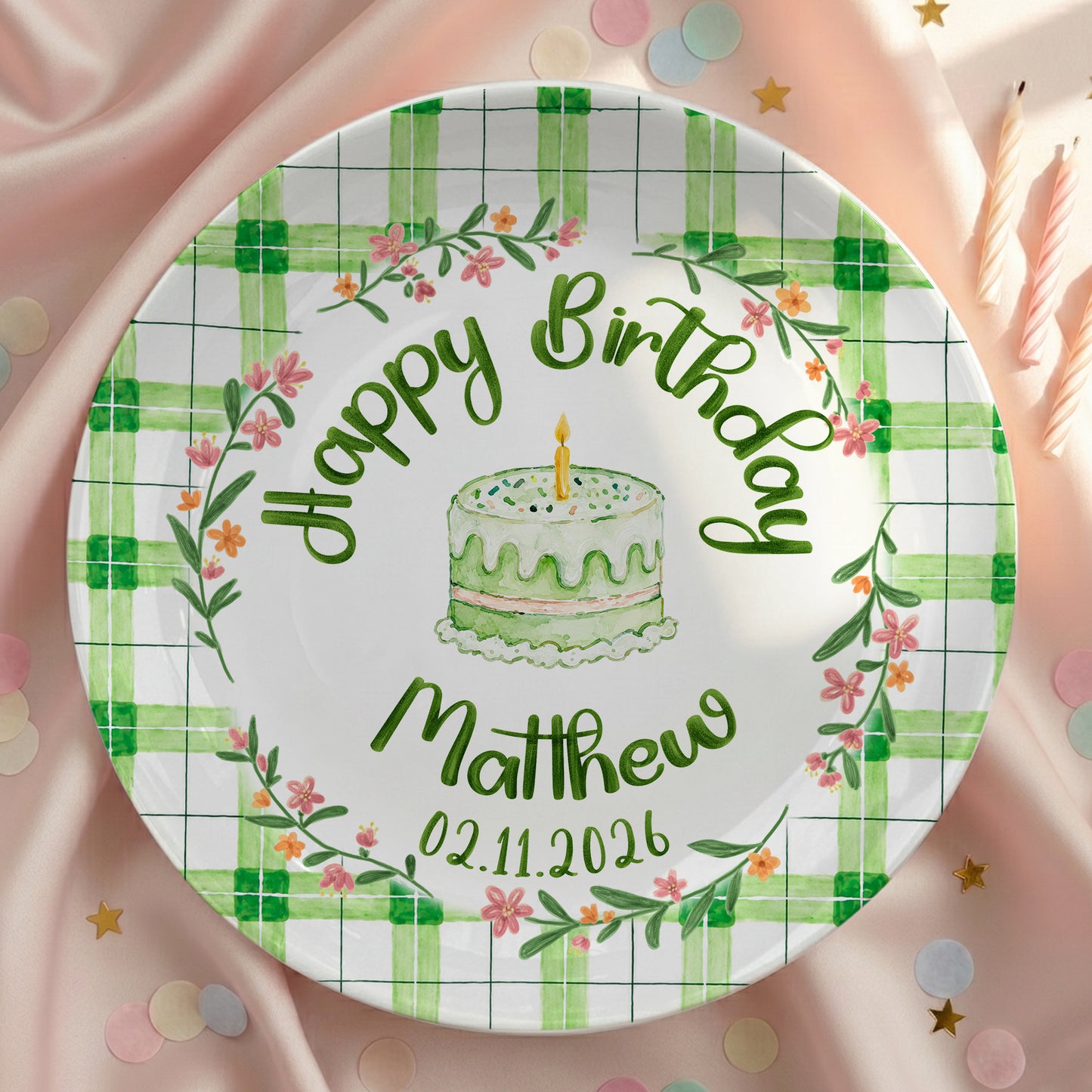Green Gingham Daisy Birthday Keepsake Personalized Birthday Plate P627TBG0