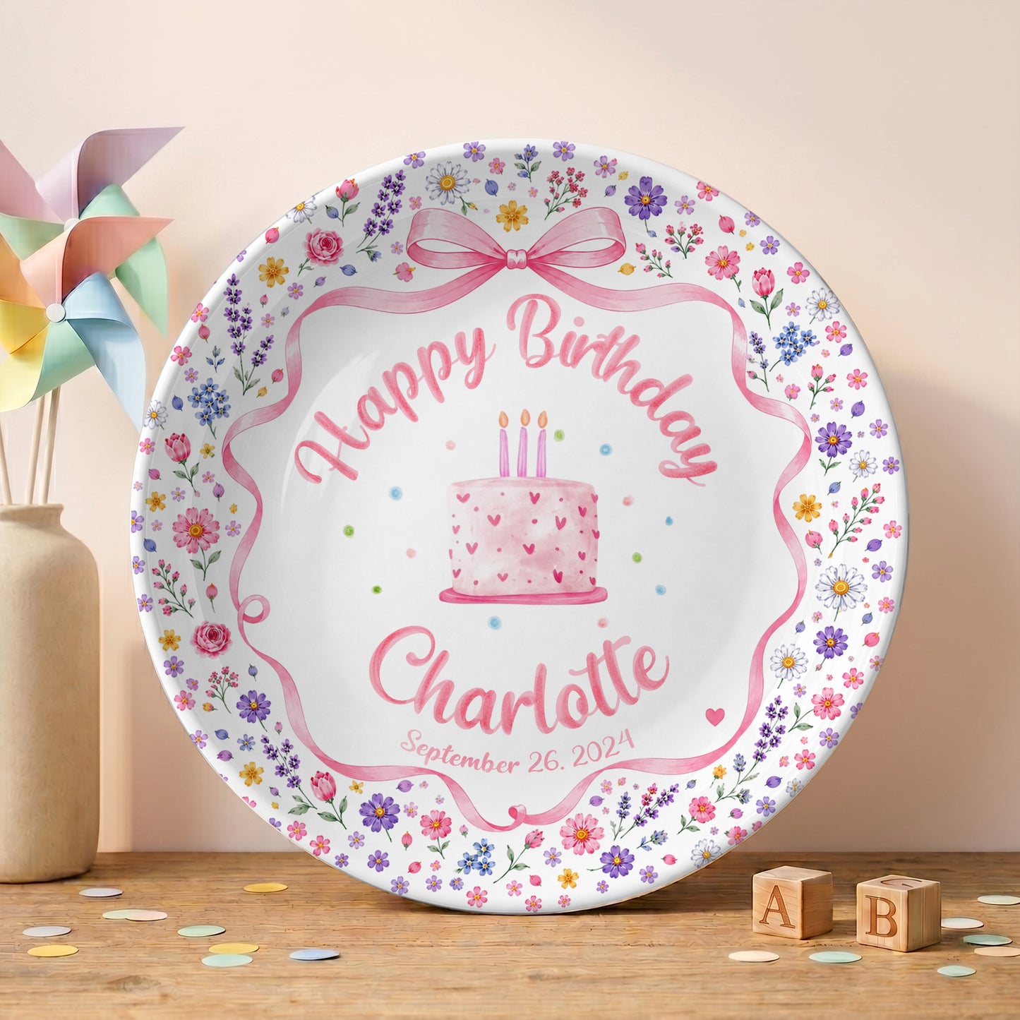Pink Bow Floral Cake Personalized Birthday Plate P624WCW0