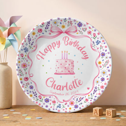 Pink Bow Floral Cake Personalized Birthday Plate P624WCW0