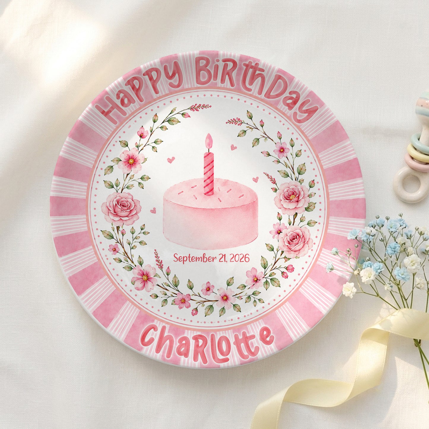 Pink Floral Cake Keepsake Personalized Birthday Plate for Baby Girls P872UD0