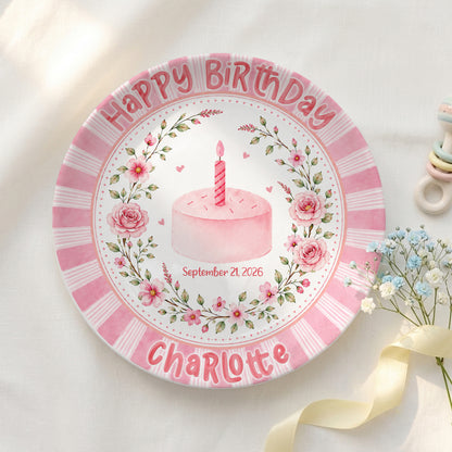 Pink Floral Cake Keepsake Personalized Birthday Plate for Baby Girls P872UD0