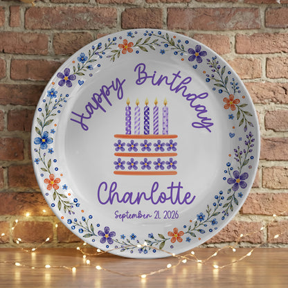 Purple Floral Personalized Birthday Plate for Girls, Custom Birthday Keepsake Gift P723G7E0