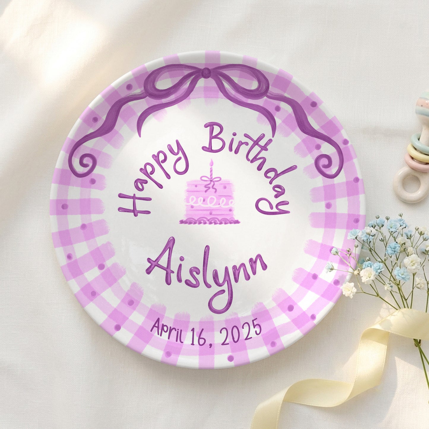 Pink Gingham Bow Personalized Birthday Plate for Kids, Custom Name and Date Ceramic Keepsake P85LHL0