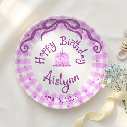 Pink Gingham Bow Personalized Birthday Plate for Kids, Custom Name and Date Ceramic Keepsake P85LHL0