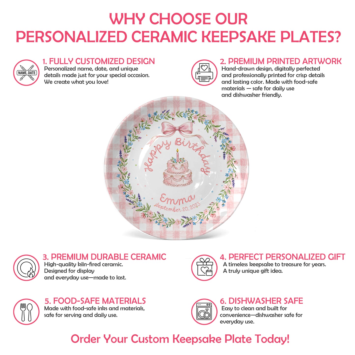 Pink Gingham Bow Cake Personalized Birthday Plate P423V6P0
