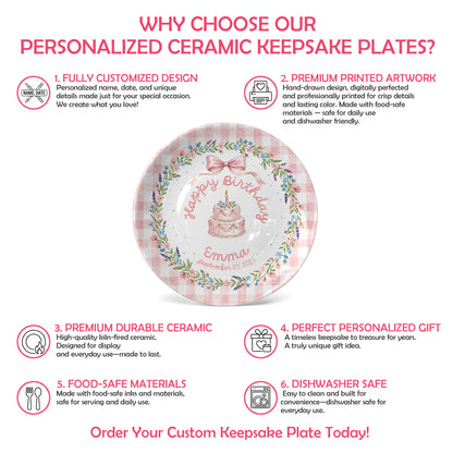 Pink Gingham Bow Cake Personalized Birthday Plate P423V6P0