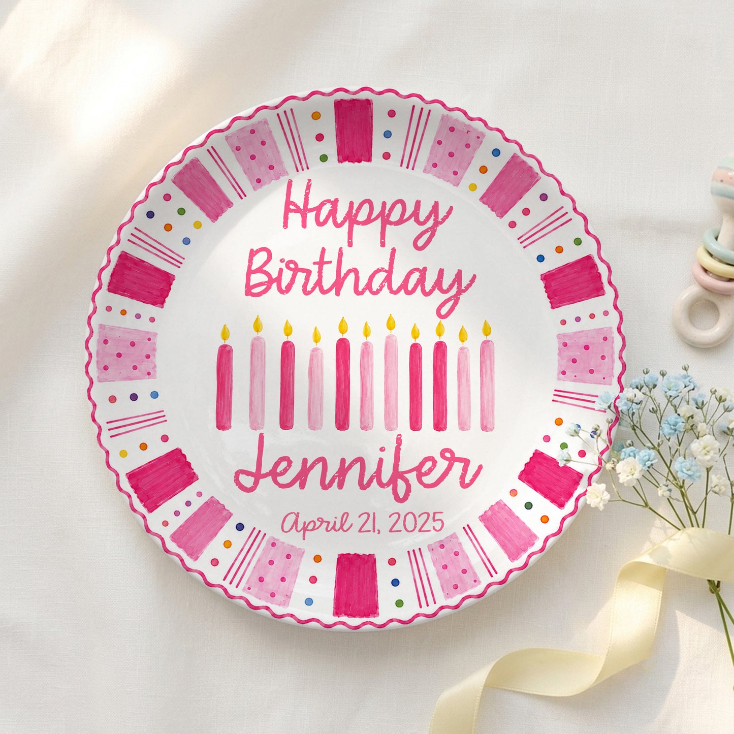 Pink Birthday Candles Personalized Birthday Plate for Kids Ceramic Keepsake Gift P86W4N0