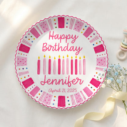 Pink Birthday Candles Personalized Birthday Plate for Kids Ceramic Keepsake Gift P86W4N0